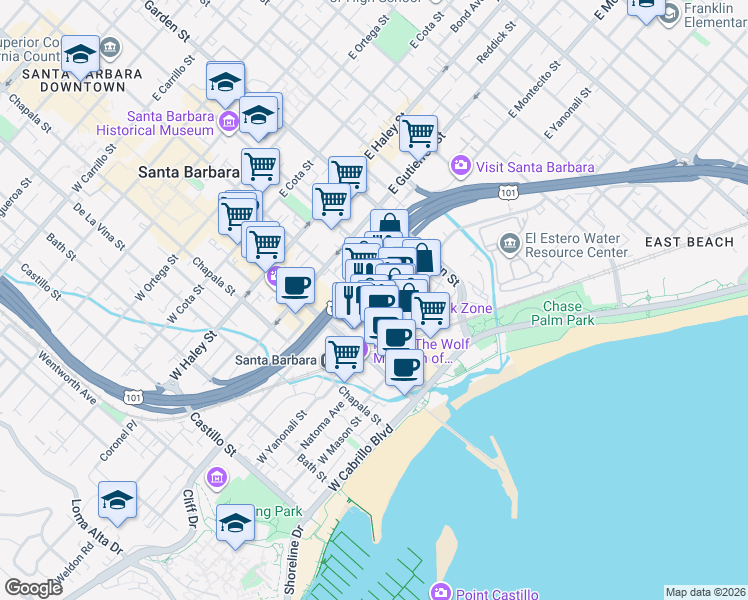 map of restaurants, bars, coffee shops, grocery stores, and more near 227 Gray Avenue in Santa Barbara