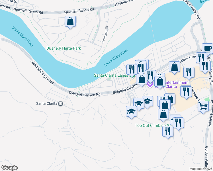 map of restaurants, bars, coffee shops, grocery stores, and more near 21899 Moveo Drive in Santa Clarita