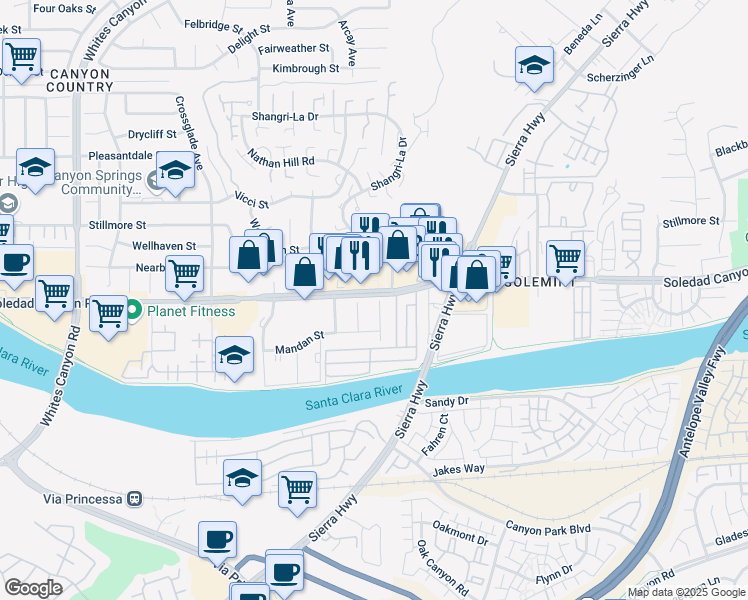 map of restaurants, bars, coffee shops, grocery stores, and more near 27541 Orsini Ave in Santa Clarita