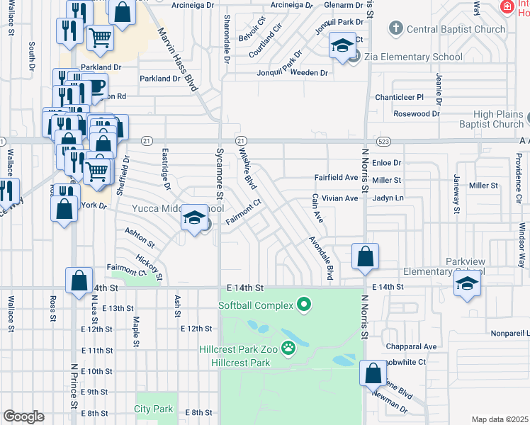 map of restaurants, bars, coffee shops, grocery stores, and more near 1816 Wilshire Boulevard in Clovis