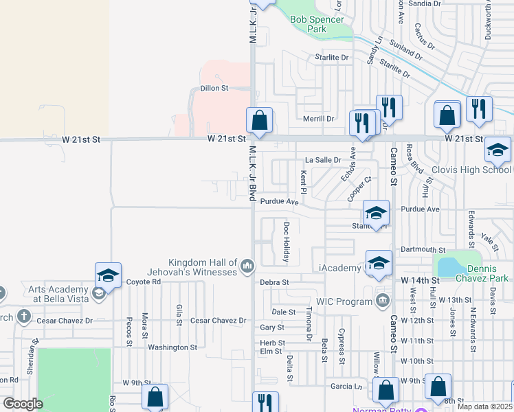 map of restaurants, bars, coffee shops, grocery stores, and more near 1237 Purdue Avenue in Clovis