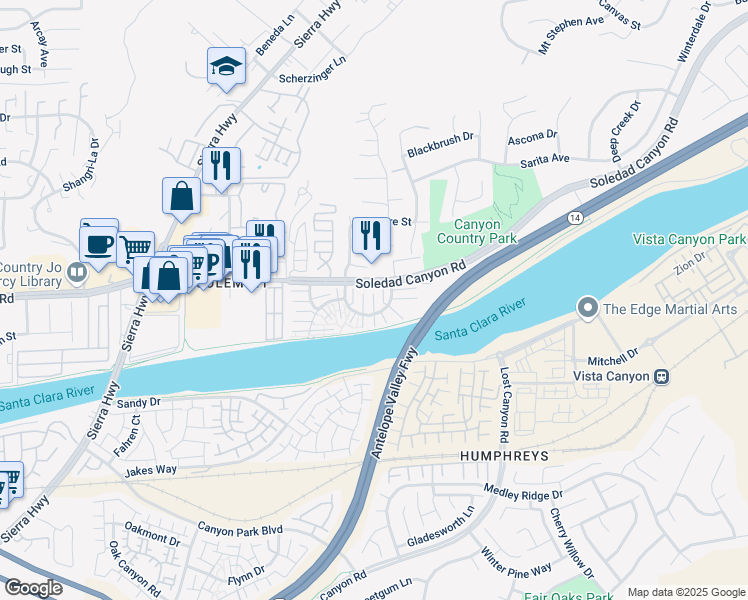 map of restaurants, bars, coffee shops, grocery stores, and more near 17931 River Circle in Santa Clarita