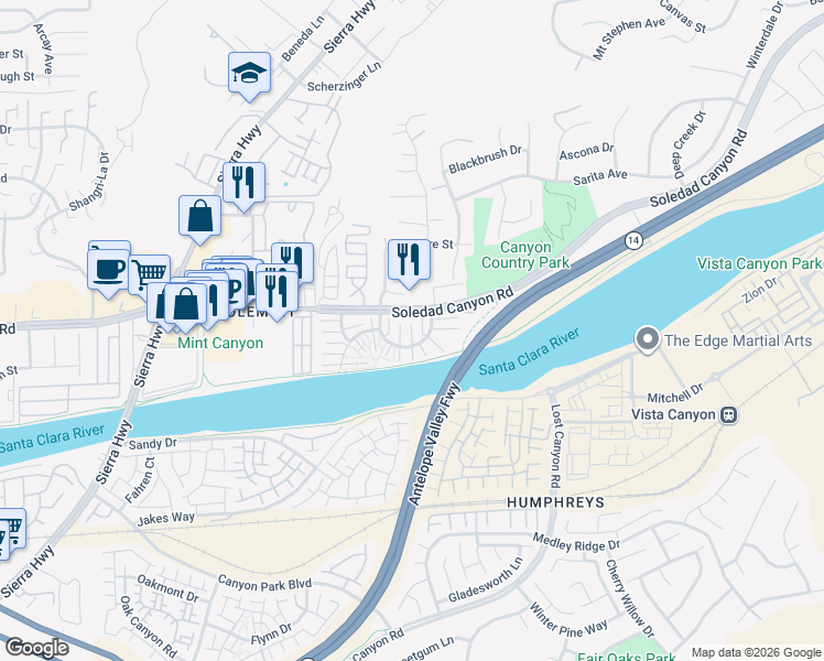 map of restaurants, bars, coffee shops, grocery stores, and more near 18009 River Circle in Santa Clarita