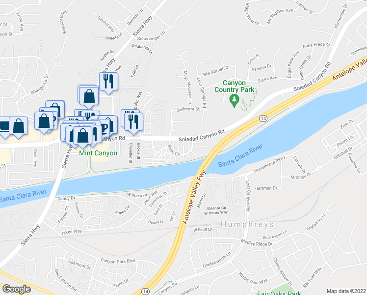 map of restaurants, bars, coffee shops, grocery stores, and more near 17931 River Circle in Santa Clarita