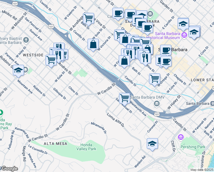 map of restaurants, bars, coffee shops, grocery stores, and more near 536 West Carrillo Street in Santa Barbara