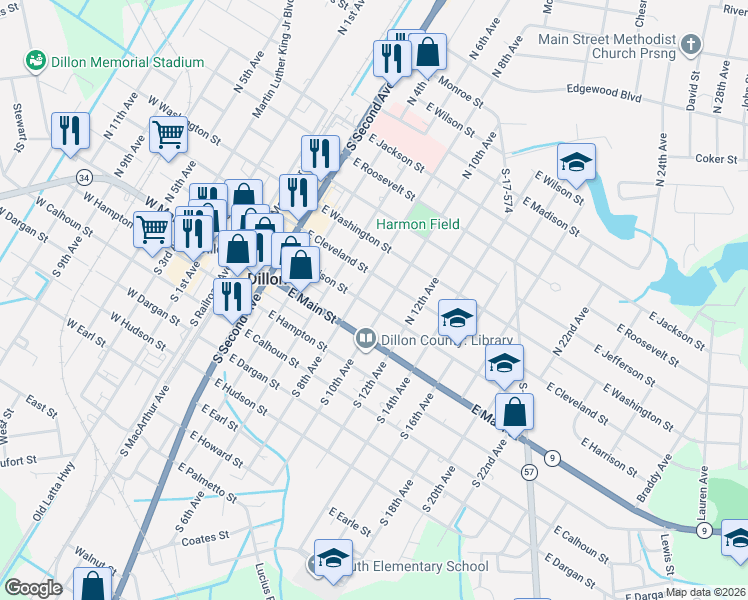 map of restaurants, bars, coffee shops, grocery stores, and more near 509 East Harrison Street in Dillon