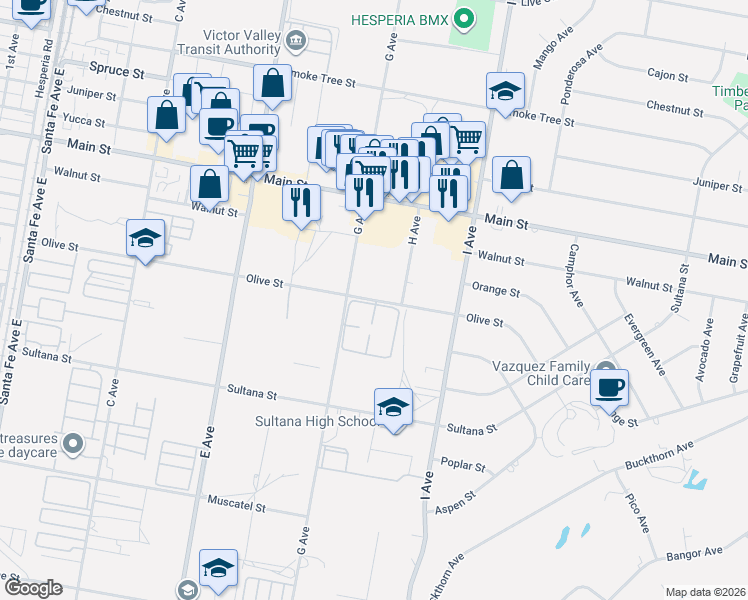 map of restaurants, bars, coffee shops, grocery stores, and more near Olive Street in Hesperia
