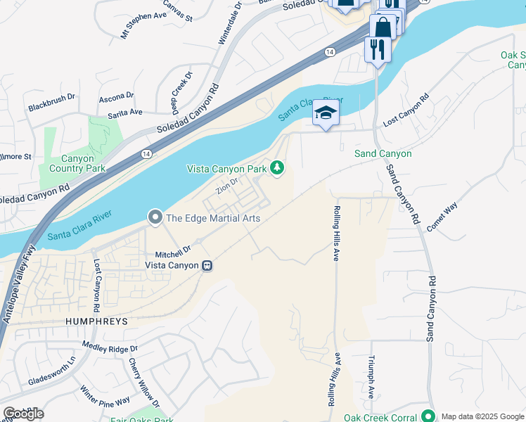 map of restaurants, bars, coffee shops, grocery stores, and more near 17033 Grand Lane in Santa Clarita