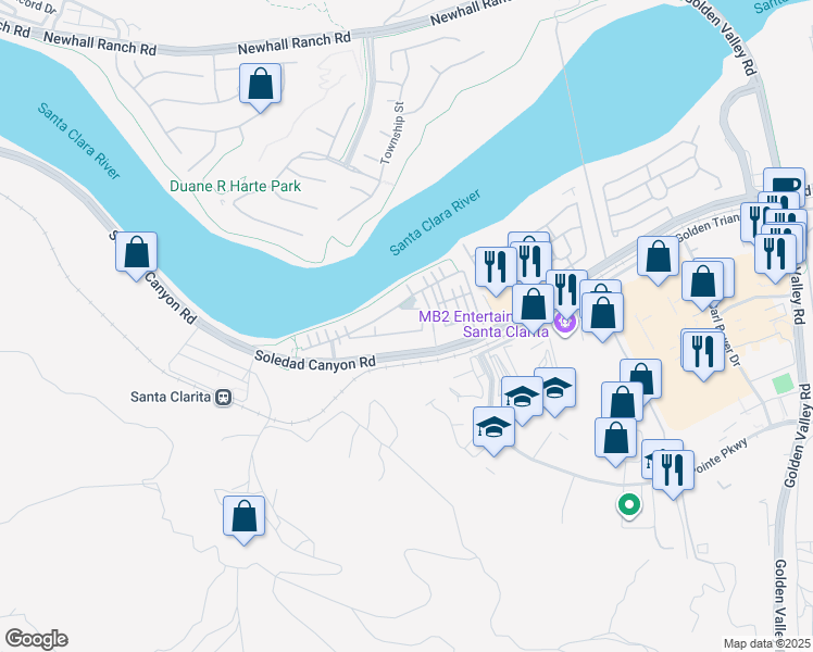 map of restaurants, bars, coffee shops, grocery stores, and more near 21851 Moveo Drive in Santa Clarita
