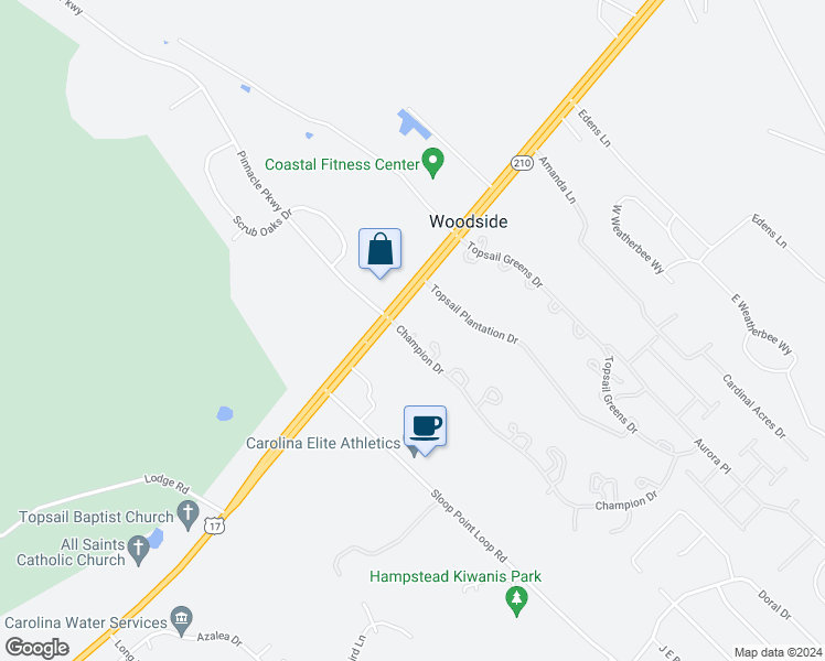 map of restaurants, bars, coffee shops, grocery stores, and more near 101 Tugboat Court in Hampstead
