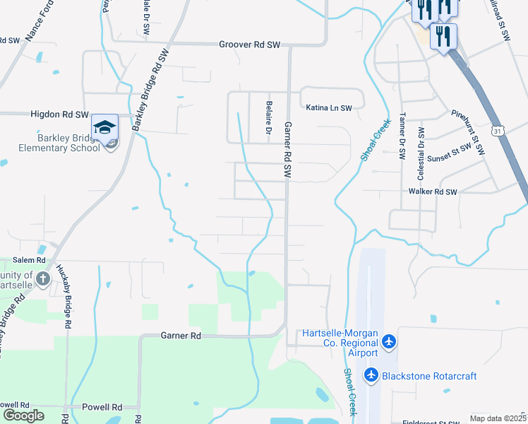 map of restaurants, bars, coffee shops, grocery stores, and more near 613 Avalon Drive Southwest in Hartselle