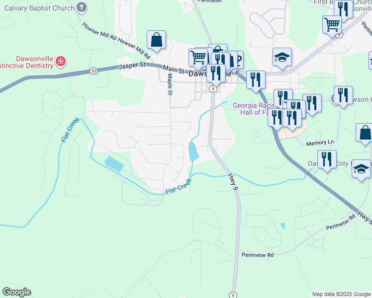 map of restaurants, bars, coffee shops, grocery stores, and more near 79 Pearl Chambers Drive in Dawsonville