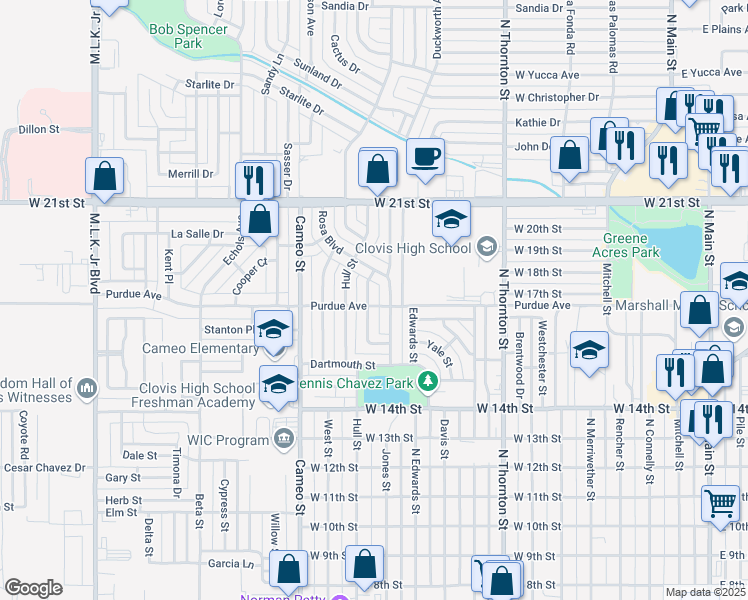 map of restaurants, bars, coffee shops, grocery stores, and more near 117 Ruth Street in Clovis