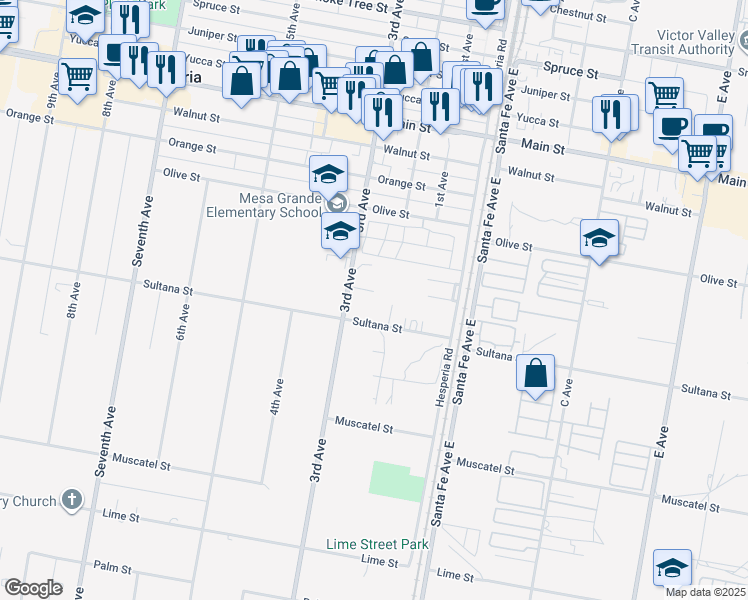map of restaurants, bars, coffee shops, grocery stores, and more near 16280 Sultana Street in Hesperia