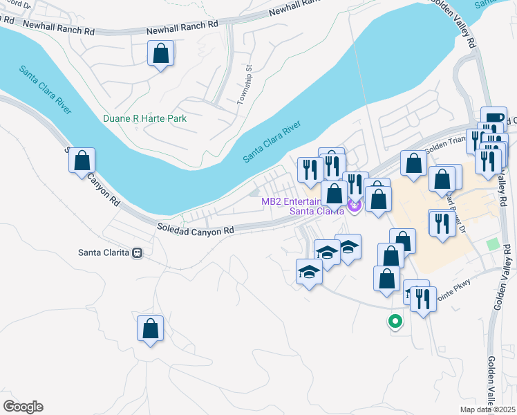 map of restaurants, bars, coffee shops, grocery stores, and more near 21851 Moveo Drive in Santa Clarita