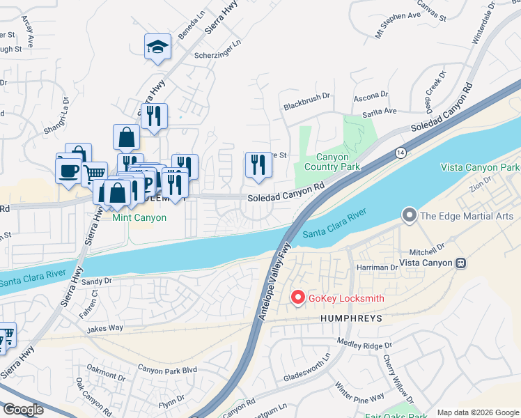 map of restaurants, bars, coffee shops, grocery stores, and more near 17955 River Circle in Santa Clarita
