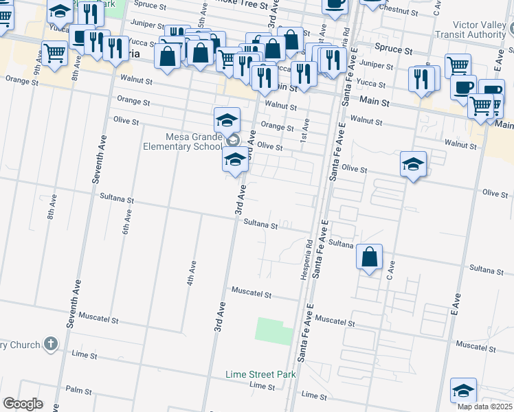 map of restaurants, bars, coffee shops, grocery stores, and more near 16280 Sultana Street in Hesperia