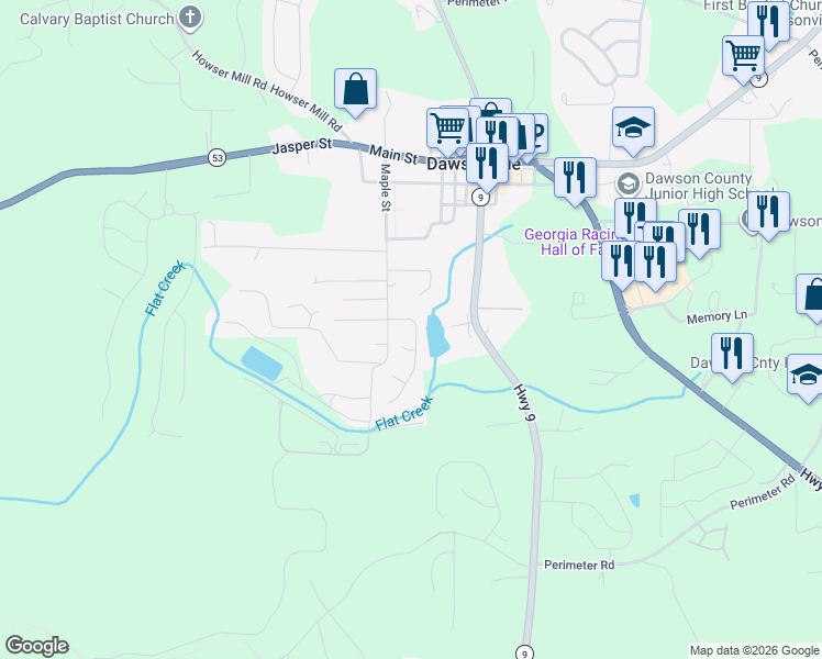 map of restaurants, bars, coffee shops, grocery stores, and more near 84 Pearl Chambers Drive in Dawsonville
