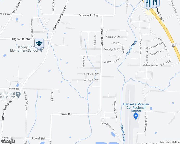 map of restaurants, bars, coffee shops, grocery stores, and more near 613 Avalon Drive Southwest in Hartselle