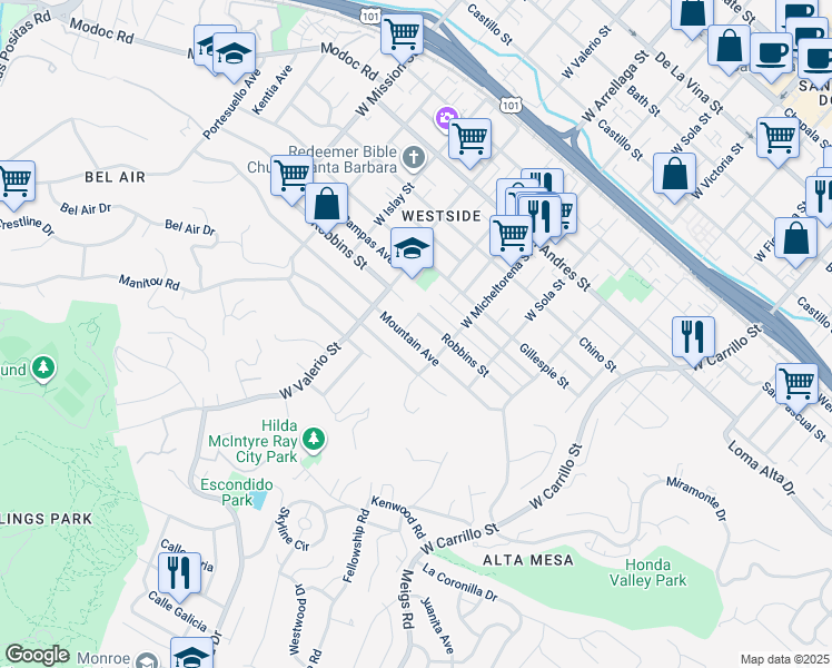 map of restaurants, bars, coffee shops, grocery stores, and more near 1532 Mountain Avenue in Santa Barbara