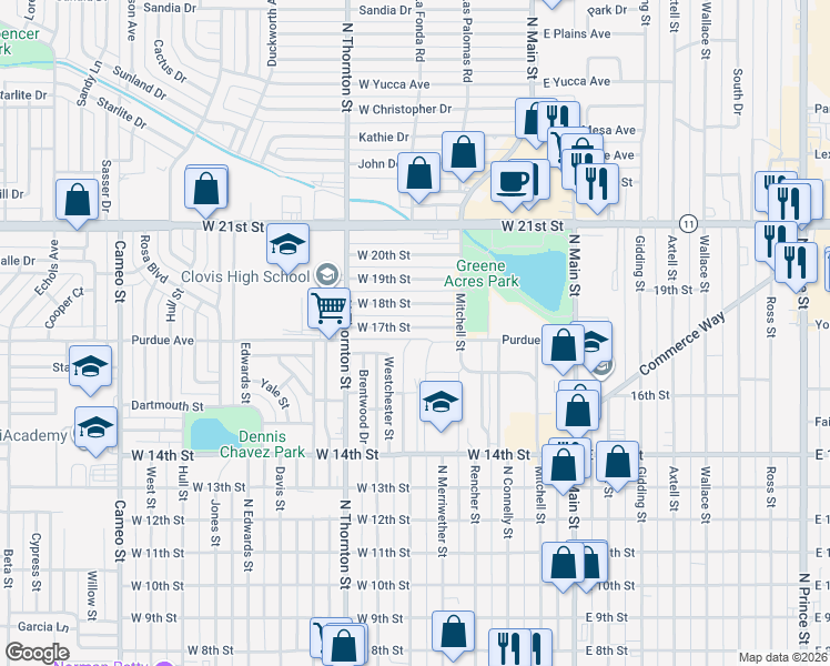 map of restaurants, bars, coffee shops, grocery stores, and more near 601a West 17th Street in Clovis