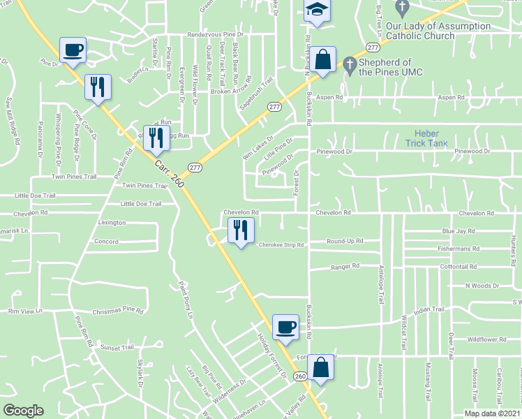 map of restaurants, bars, coffee shops, grocery stores, and more near 2060 Chevelon Road in Heber-Overgaard
