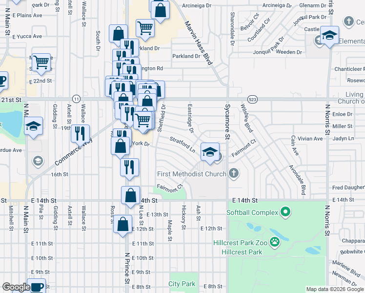 map of restaurants, bars, coffee shops, grocery stores, and more near 1340 Stratford Lane in Clovis