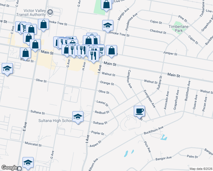 map of restaurants, bars, coffee shops, grocery stores, and more near 17439 Orange Street in Hesperia