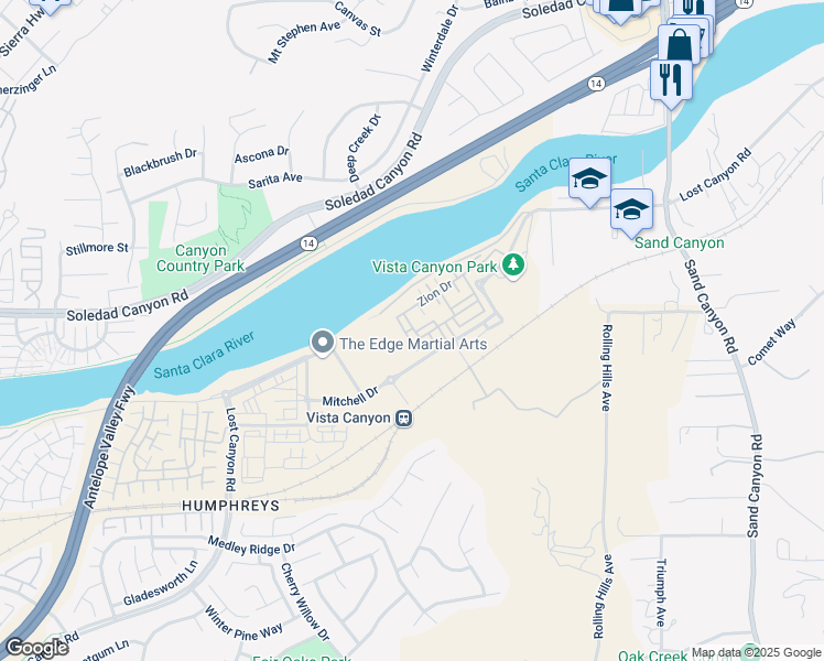 map of restaurants, bars, coffee shops, grocery stores, and more near 27611 Sawtooth Lane in Santa Clarita