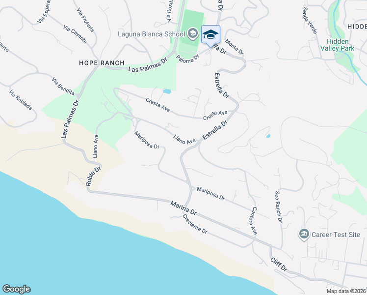 map of restaurants, bars, coffee shops, grocery stores, and more near 1404 Estrella Drive in Goleta