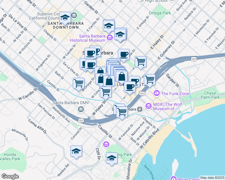 map of restaurants, bars, coffee shops, grocery stores, and more near in Santa Barbara