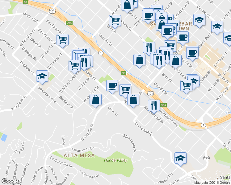 map of restaurants, bars, coffee shops, grocery stores, and more near 1130 San Andres Street in Santa Barbara