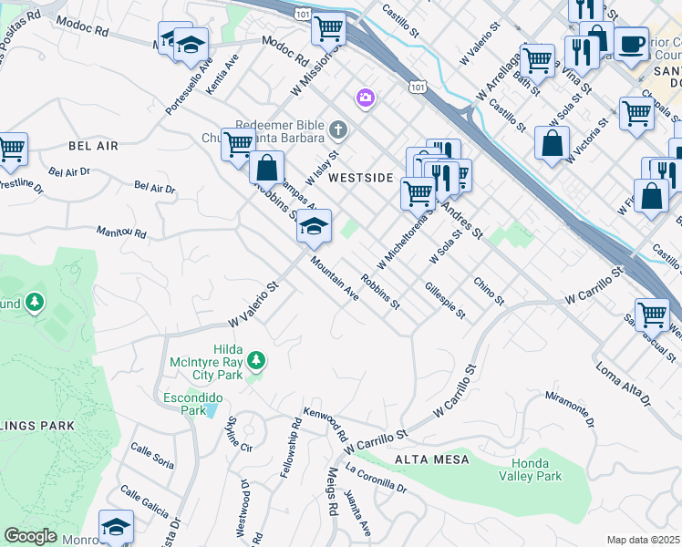 map of restaurants, bars, coffee shops, grocery stores, and more near 1532 Mountain Avenue in Santa Barbara
