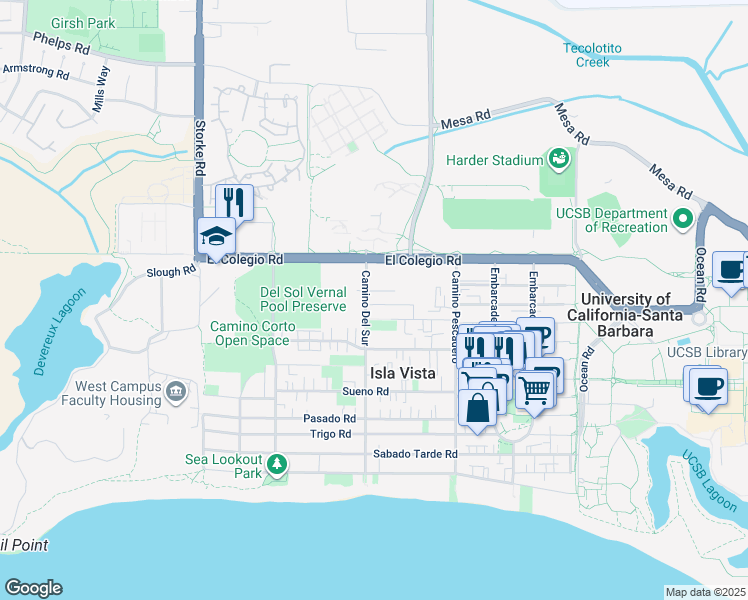 map of restaurants, bars, coffee shops, grocery stores, and more near 776 Camino Del Sur in Goleta