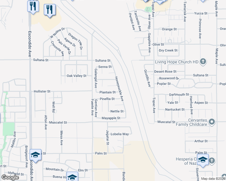 map of restaurants, bars, coffee shops, grocery stores, and more near 13880 Plantain Street in Hesperia