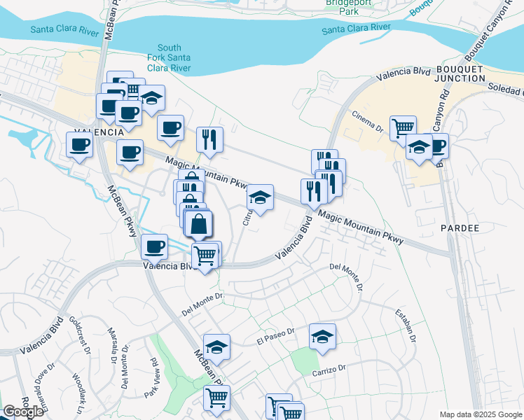 map of restaurants, bars, coffee shops, grocery stores, and more near 26340 Citrus Street in Santa Clarita
