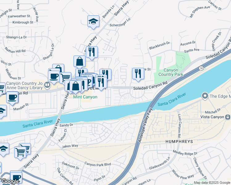 map of restaurants, bars, coffee shops, grocery stores, and more near 27653 Ironstone Drive in Santa Clarita