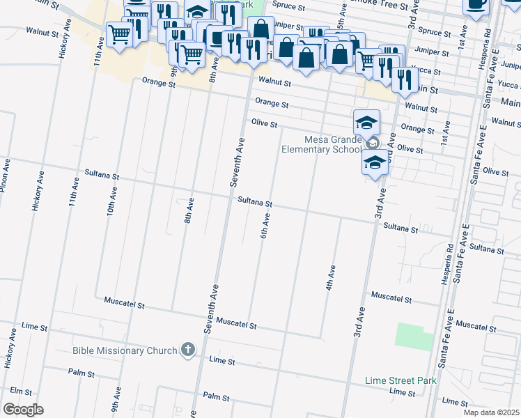 map of restaurants, bars, coffee shops, grocery stores, and more near 15921 Sultana Street in Hesperia