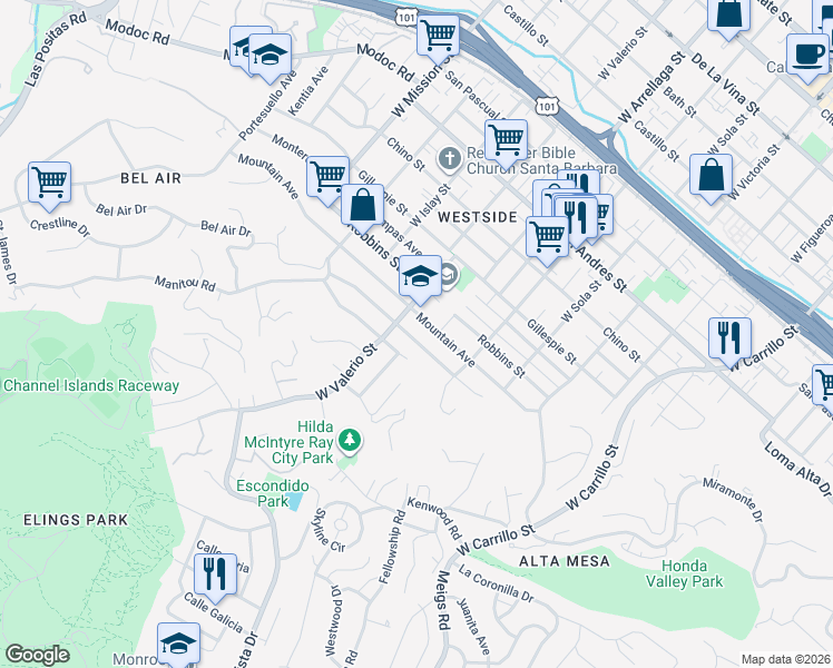 map of restaurants, bars, coffee shops, grocery stores, and more near 1624 Clearview Road in Santa Barbara