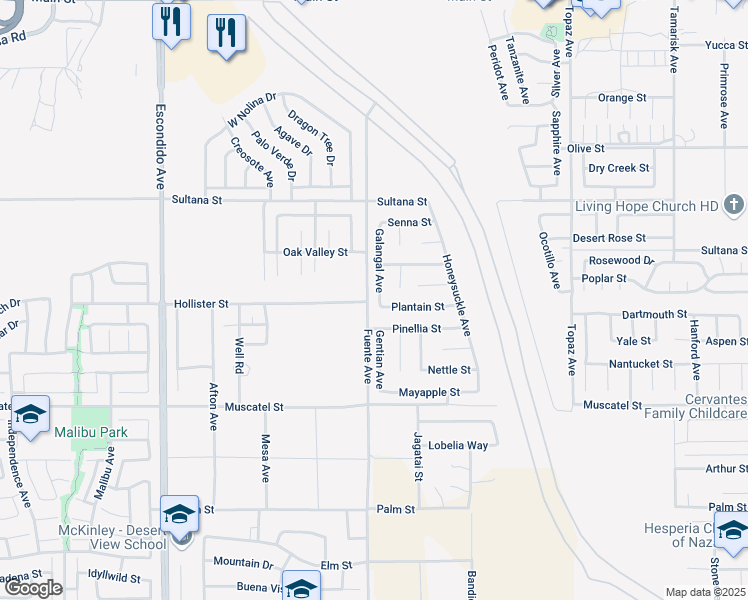 map of restaurants, bars, coffee shops, grocery stores, and more near 9056 Galangal Avenue in Hesperia