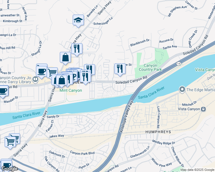 map of restaurants, bars, coffee shops, grocery stores, and more near 27656 Ironstone Drive in Santa Clarita