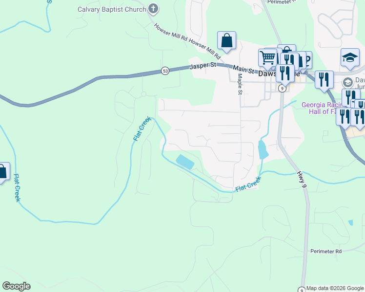 map of restaurants, bars, coffee shops, grocery stores, and more near 378 Flat Creek Drive in Dawsonville
