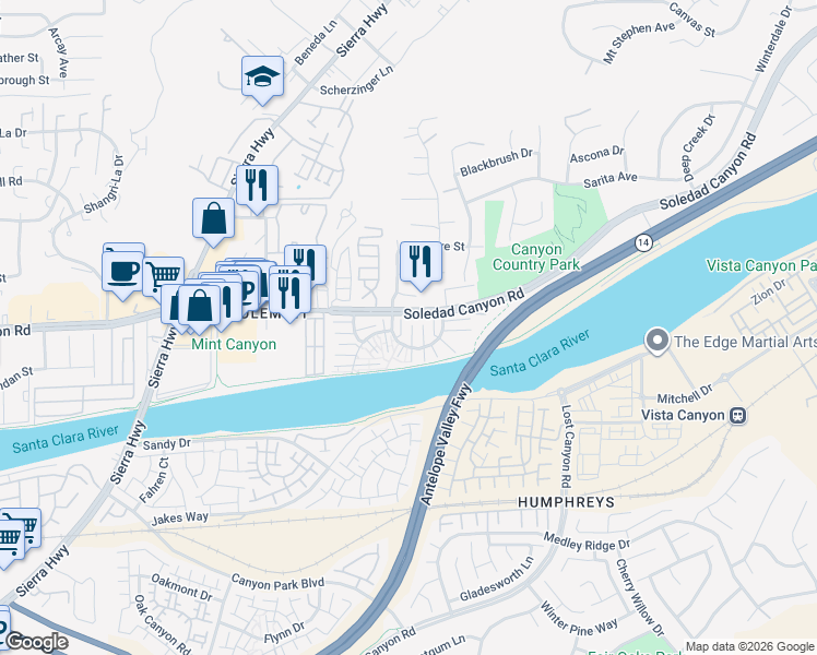 map of restaurants, bars, coffee shops, grocery stores, and more near 18009 River Circle in Santa Clarita