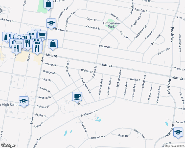 map of restaurants, bars, coffee shops, grocery stores, and more near 17805 Walnut Street in Hesperia