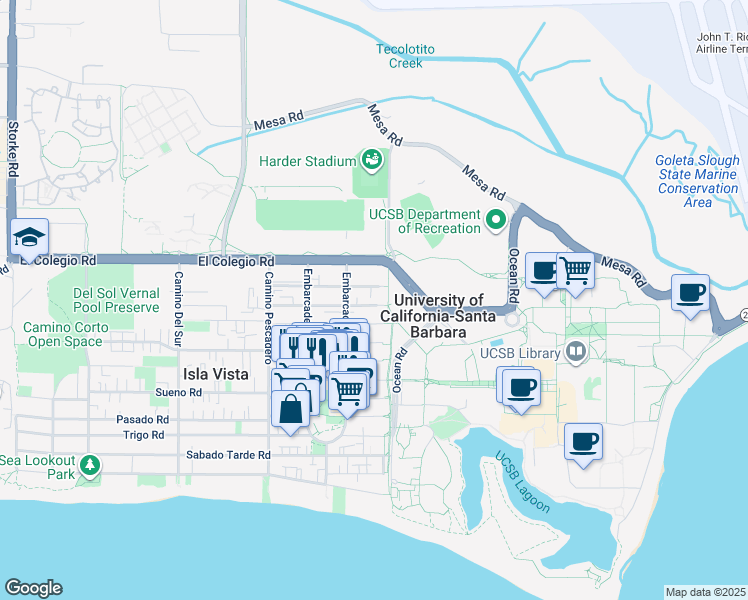 map of restaurants, bars, coffee shops, grocery stores, and more near 6510 El Greco Road in Goleta