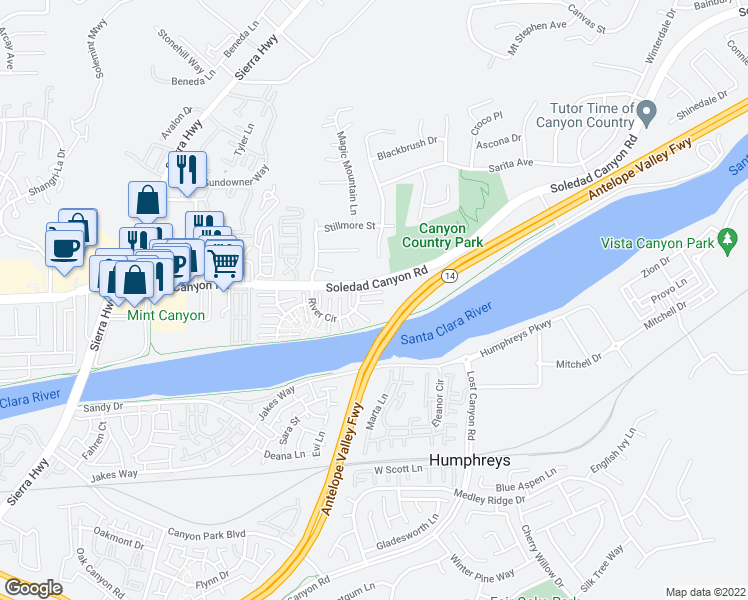 map of restaurants, bars, coffee shops, grocery stores, and more near 17920 River Circle in Santa Clarita