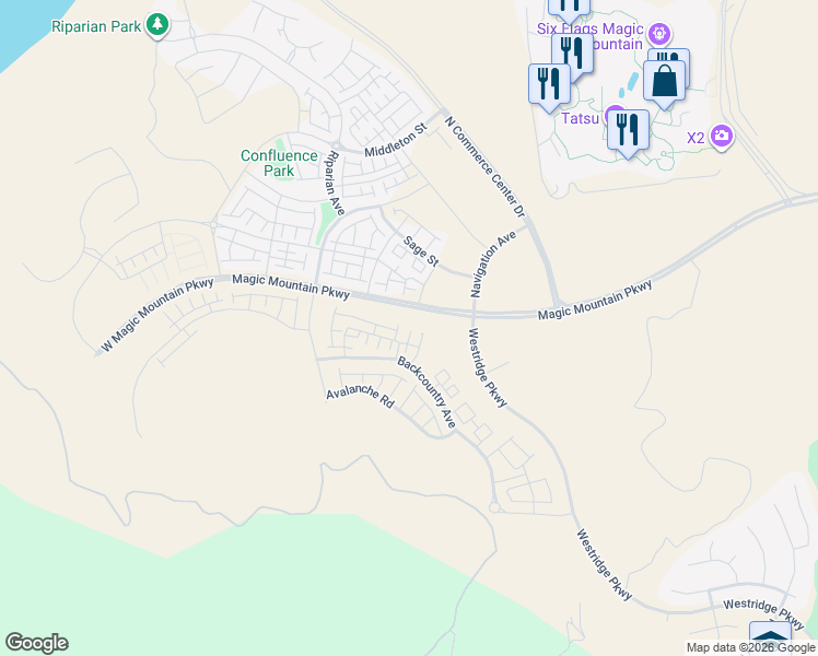 map of restaurants, bars, coffee shops, grocery stores, and more near 26101 Magic Mountain Parkway in Los Angeles County