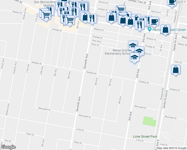 map of restaurants, bars, coffee shops, grocery stores, and more near 15921 Sultana Street in Hesperia