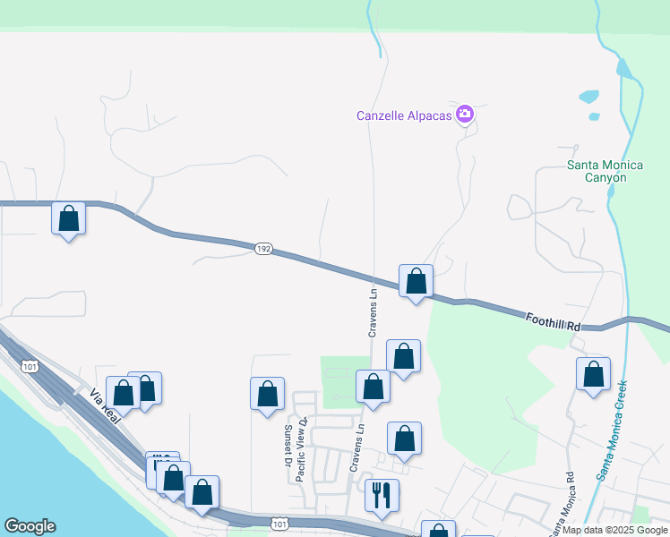 map of restaurants, bars, coffee shops, grocery stores, and more near Foothill Road in Carpinteria