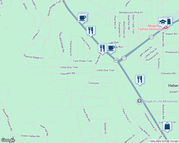 map of restaurants, bars, coffee shops, grocery stores, and more near 1944 Chevelon Road in Heber-Overgaard